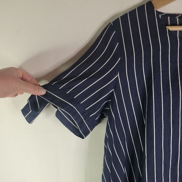 Korean 100% Linen Navy and White Asymmetrical Blouse - Picture 5 of 12